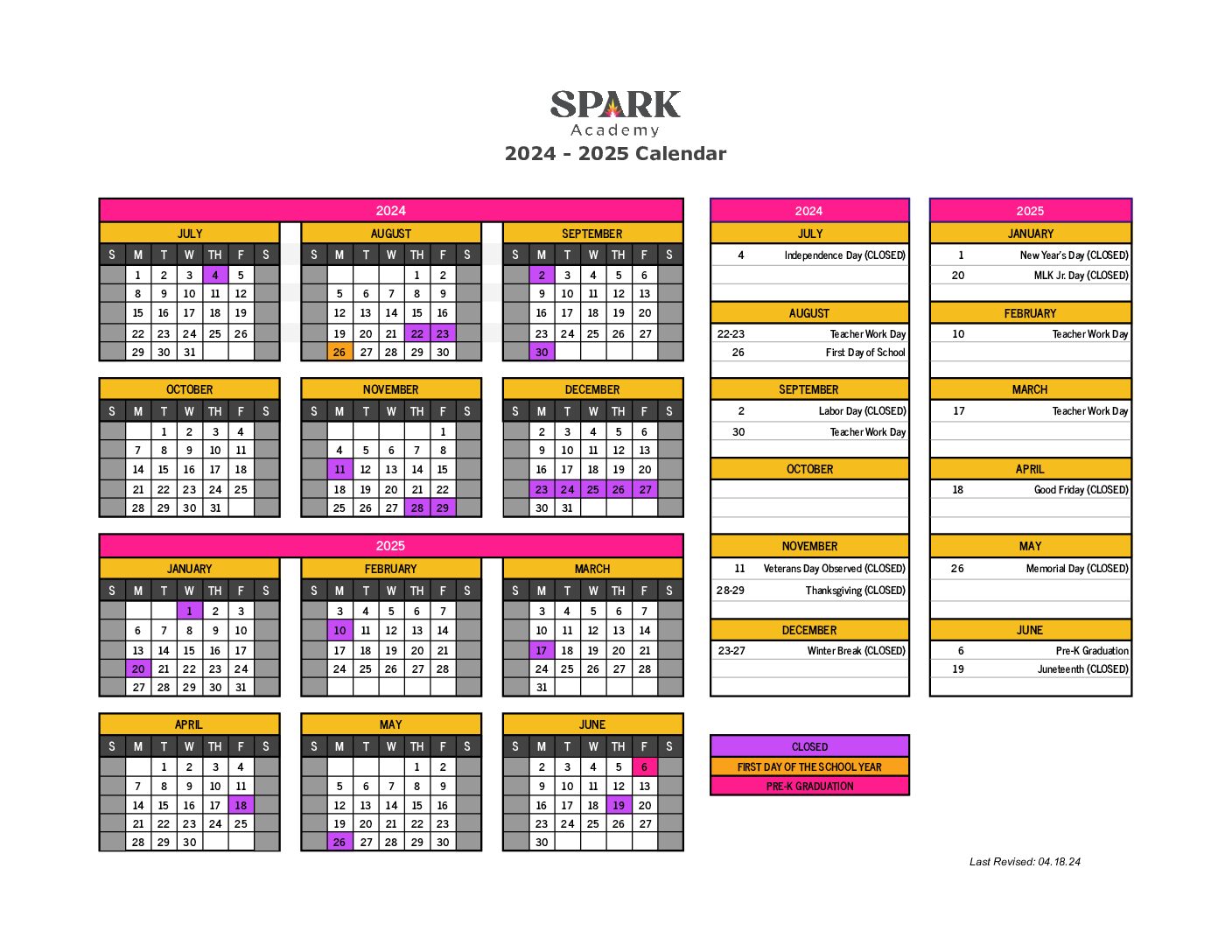 2024 2025 School Calendar Spark Academy