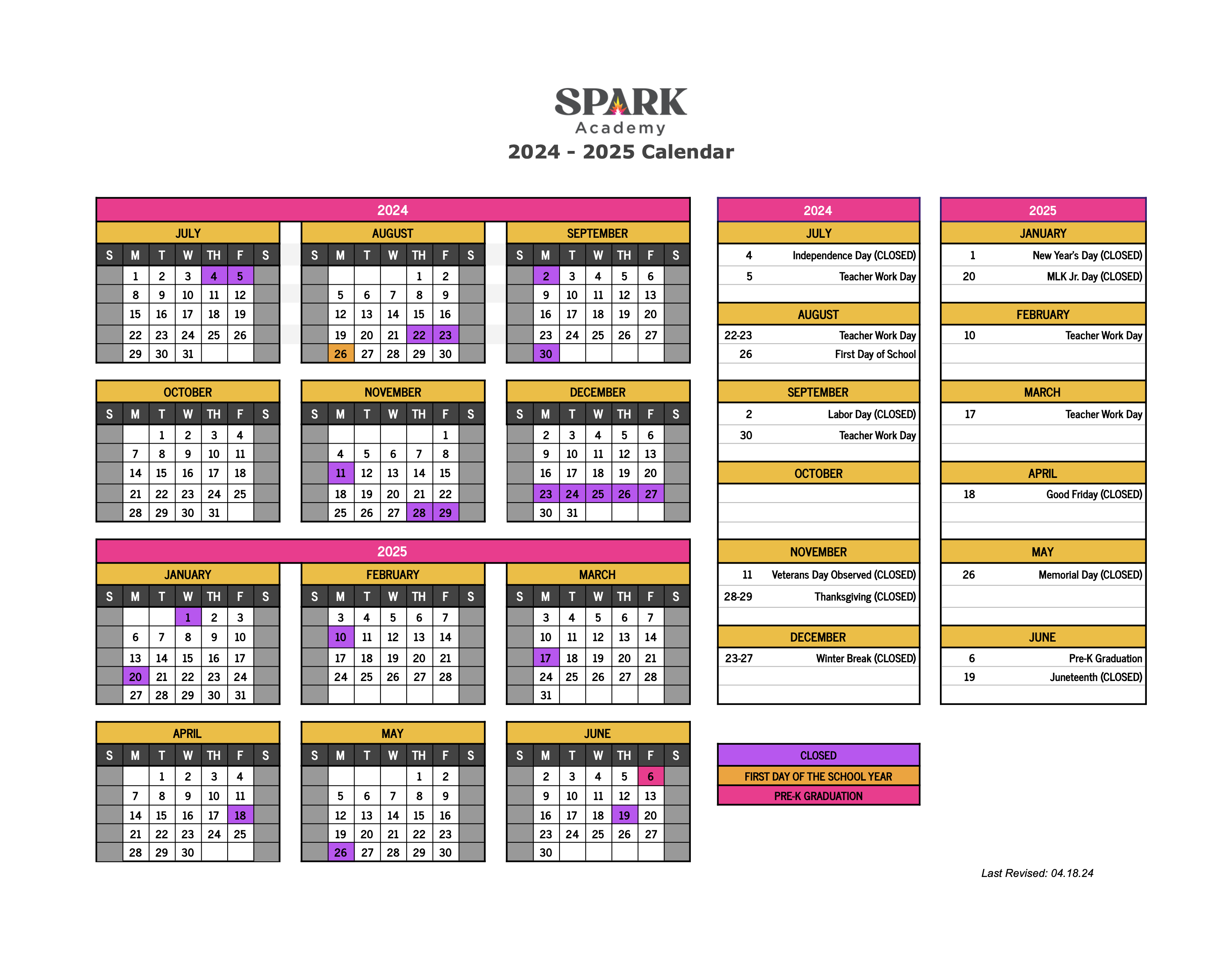 2024-25 Academic Calendar in English
