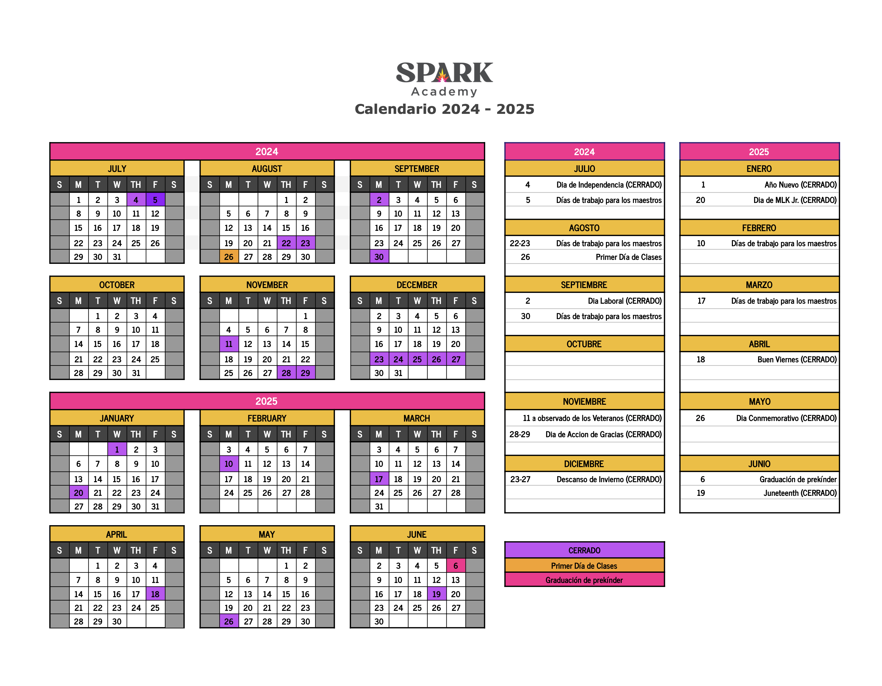 2024-25 Academic Calendar in Spanish