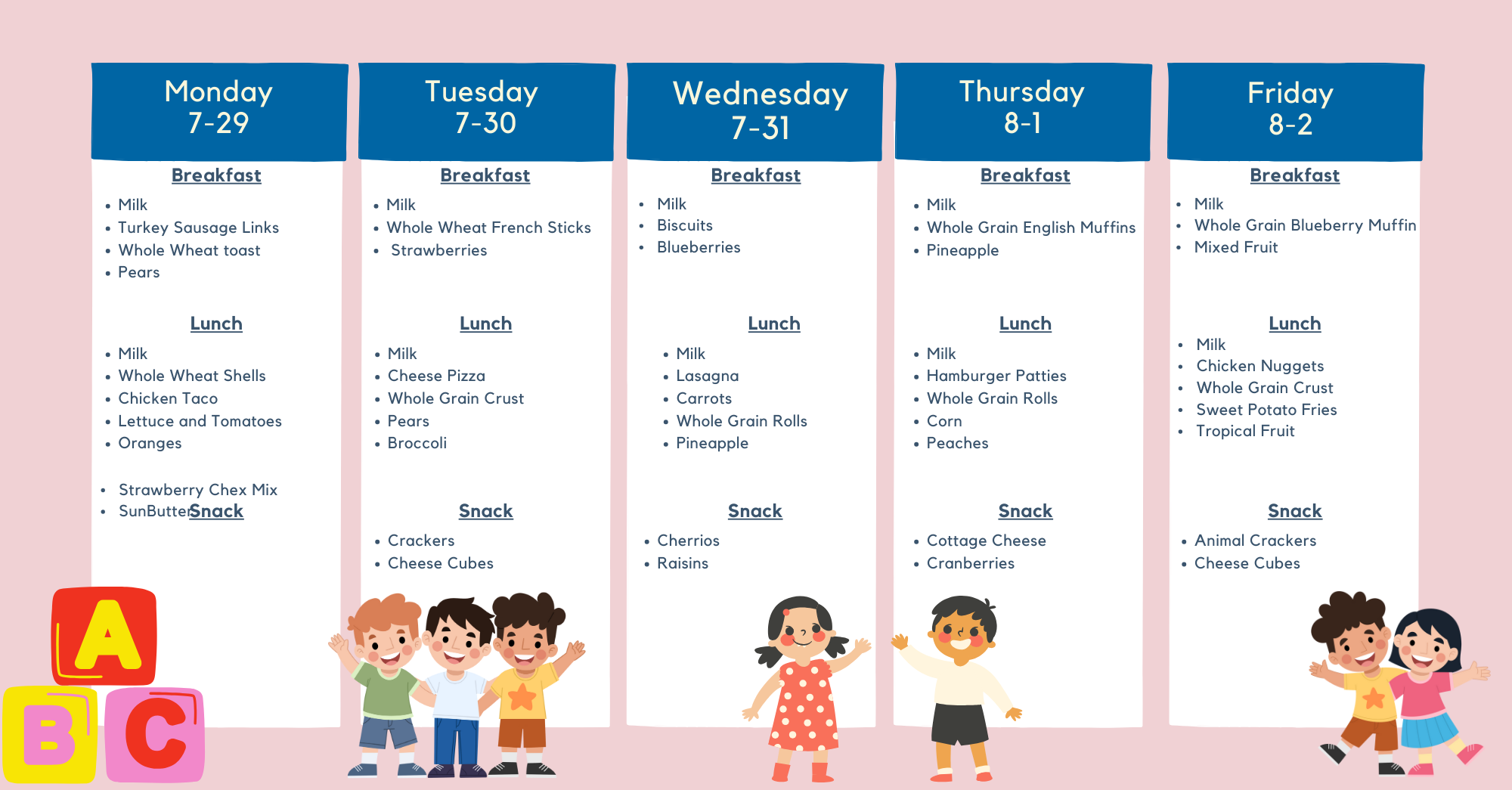 Breakfast and Lunch Menu for the month of August at Spark Academy early education learning center.